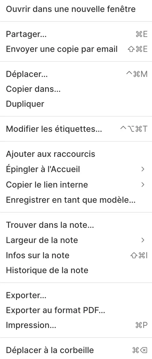 Menu d’Evernote