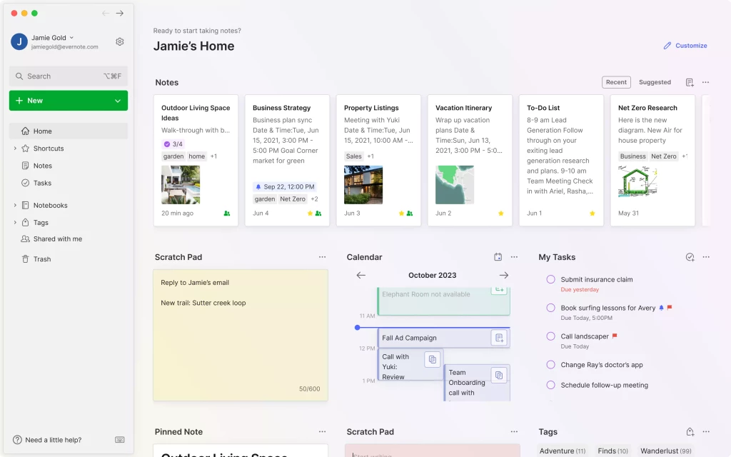 Page d'accueil Evernote